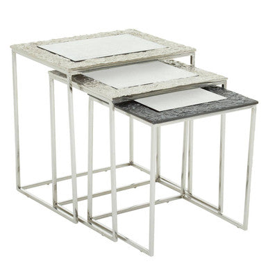 Akola Silver Nickel Finish and Antique Glass Set of 3 Nesting Tables