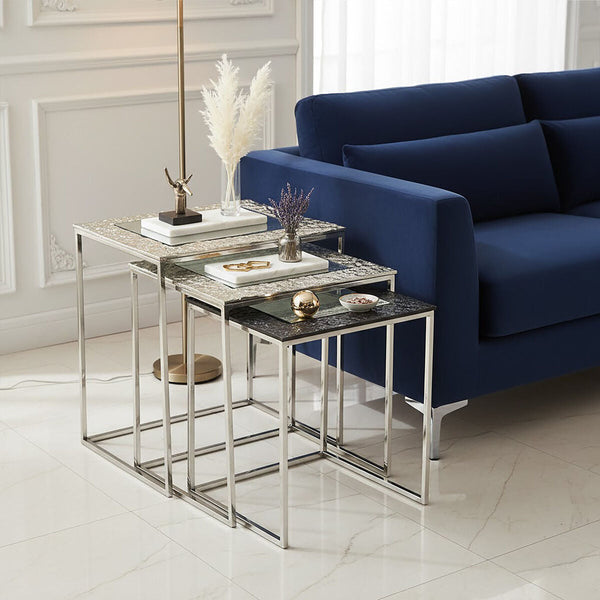 Akola Silver Nickel Finish and Antique Glass Set of 3 Nesting Tables