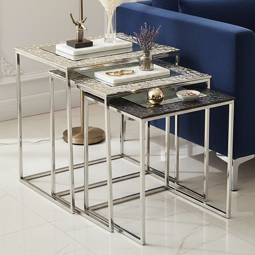 Akola Silver Nickel Finish and Antique Glass Set of 3 Nesting Tables