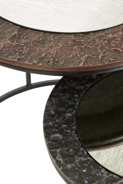 Akola Antique Copper Finish and Mirrored Glass Set of 2 Nesting Tables