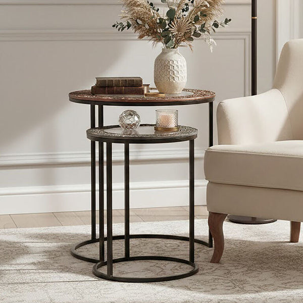 Akola Antique Copper Finish and Mirrored Glass Set of 2 Nesting Tables
