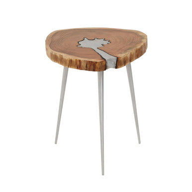 Almora Natural Acacia Wood Log Side Table with Silver Aluminium Legs
