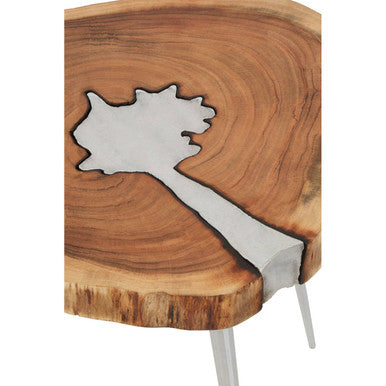 Almora Natural Acacia Wood Log Side Table with Silver Aluminium Legs