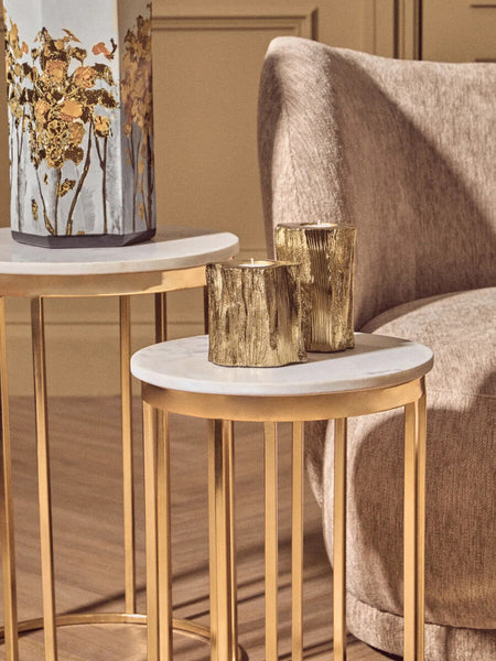Set of 2 Round White Marble Tops Side Tables with Rich Gold Metal Frame | Templar