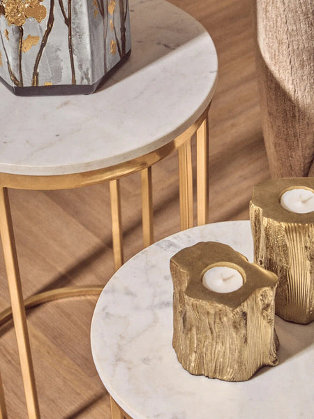 Set of 2 Round White Marble Tops Side Tables with Rich Gold Metal Frame | Templar