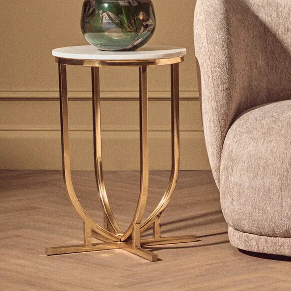 White Marble Tops Round Side Tables with Gold Finish Metal Frame | Templar