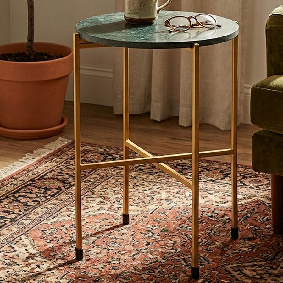 Large Green Marble Top Round Side Table with Warm Gold Stainless Steel Base | Templar