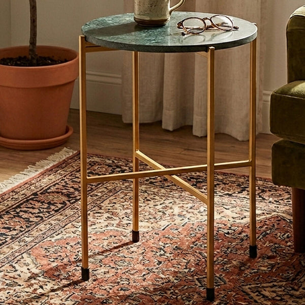 Large Green Marble Top Round Side Table with Warm Gold Stainless Steel Base | Templar