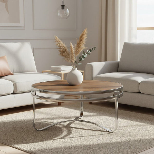 Richmond Natural Wooden Round Coffee Table with Silver Finish Base