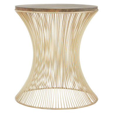 Natural Solid Rustic Wood Top Side Table with Gold Finish Metallic Hourglass Base | Templar