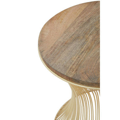 Natural Solid Rustic Wood Top Side Table with Gold Finish Metallic Hourglass Base | Templar