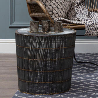 Silver Iron Wire Drum Shaped Side Table with Gold Coloured Lines | Templar