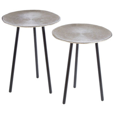 Set of Two Textured Nickel Round Side Tables with Distressed Aluminium Tops and Black Iron Legs | Templar