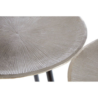 Set of Two Textured Nickel Round Side Tables with Distressed Aluminium Tops and Black Iron Legs | Templar