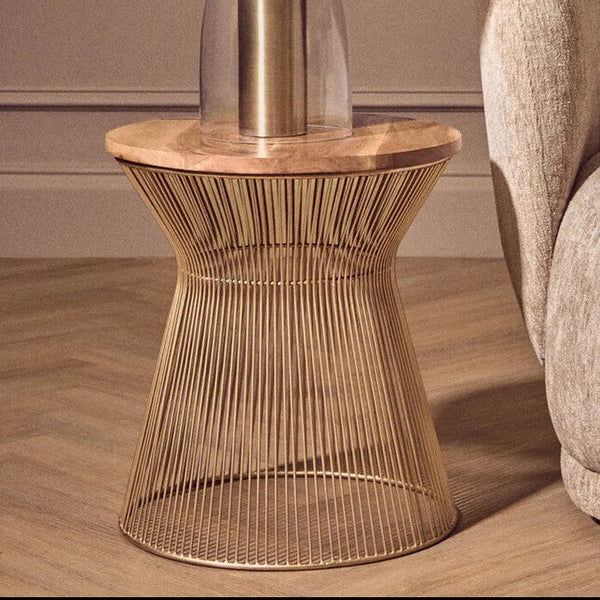 Natural Wood Top Small Coffee Table with Gold Open Wire Hourglass Design Base | Templar
