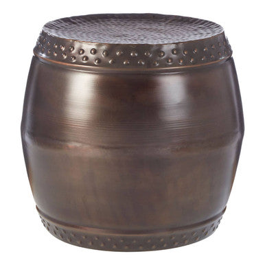 Reza Antique Bronze Finish Hammered Set of 2 Drum Style Stools and Side Tables