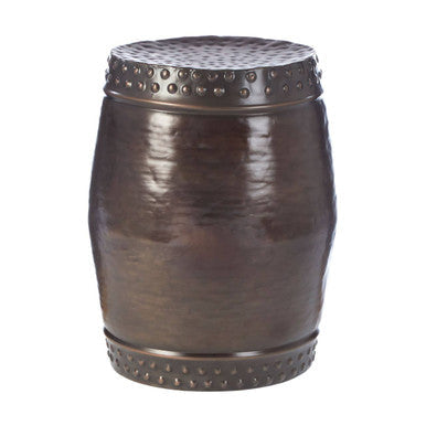 Reza Antique Bronze Finish Hammered Set of 2 Drum Style Stools and Side Tables