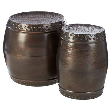 Reza Antique Bronze Finish Hammered Set of 2 Drum Style Stools and Side Tables