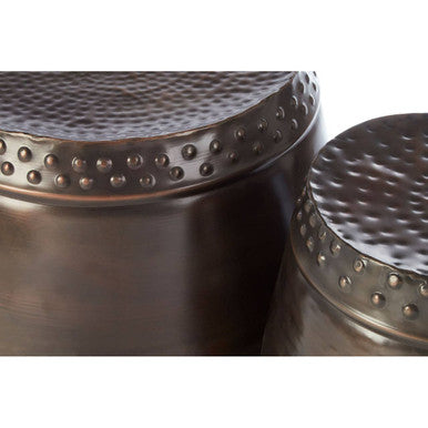 Reza Antique Bronze Finish Hammered Set of 2 Drum Style Stools and Side Tables