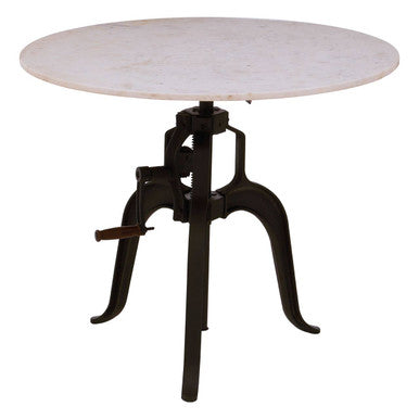 White Marble Top Small Bar Table with Black Iron Cabriole Legs and Crank Mechanism | Vasco
