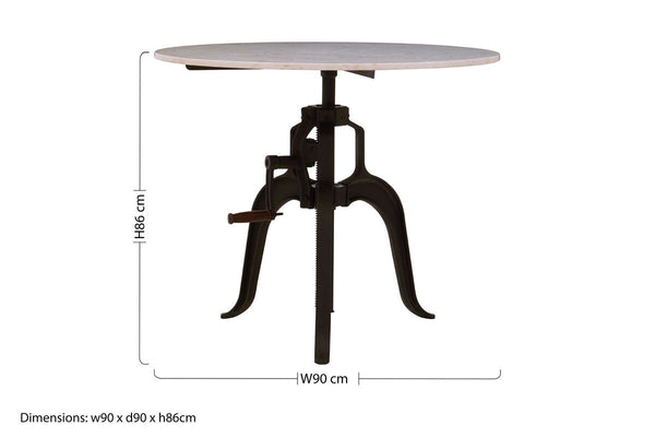 White Marble Top Small Bar Table with Black Iron Cabriole Legs and Crank Mechanism | Vasco