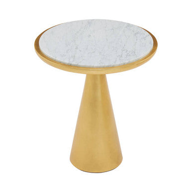 White Marble Top Small Side Table with Gold Finish Conical Wood Base | Lino
