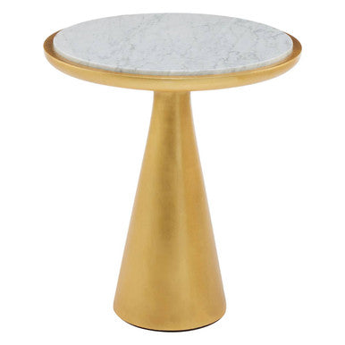 White Marble Top Small Side Table with Gold Finish Conical Wood Base | Lino