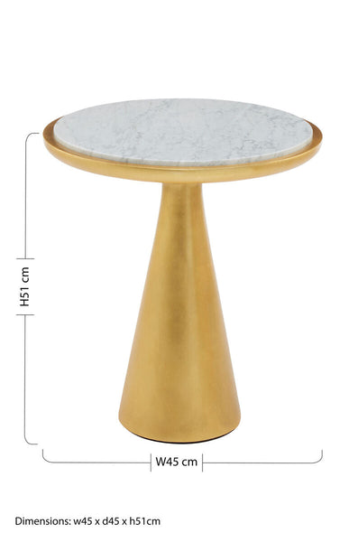 White Marble Top Small Side Table with Gold Finish Conical Wood Base | Lino