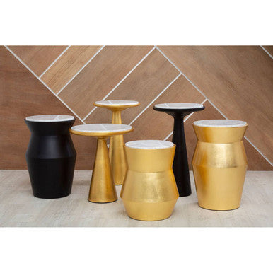White Marble Top Small Side Table with Gold Finish Conical Wood Base | Lino