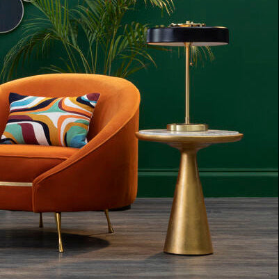 White Marble Top Small Side Table with Gold Finish Conical Wood Base | Lino