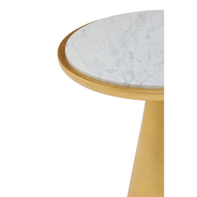 White Marble Top Small Side Table with Gold Finish Conical Wood Base | Lino