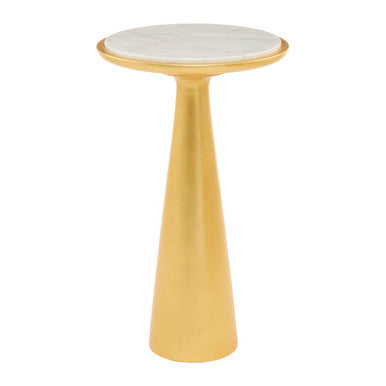 White Marble Top Large Side Table with Gold Finish Conical Wood Base | Lino
