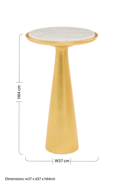 White Marble Top Large Side Table with Gold Finish Conical Wood Base | Lino