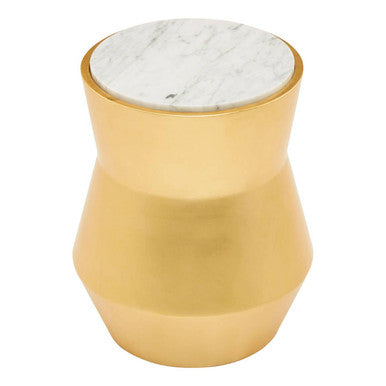 Small Gold Drum Wood Side Table with White Marble Top | Lino