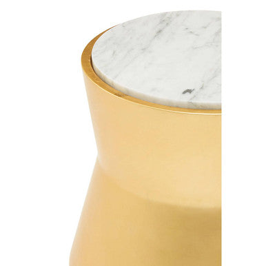 Small Gold Drum Wood Side Table with White Marble Top | Lino