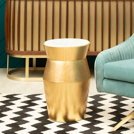 Large Gold Drum Wood Side Table with White Marble Top | Lino