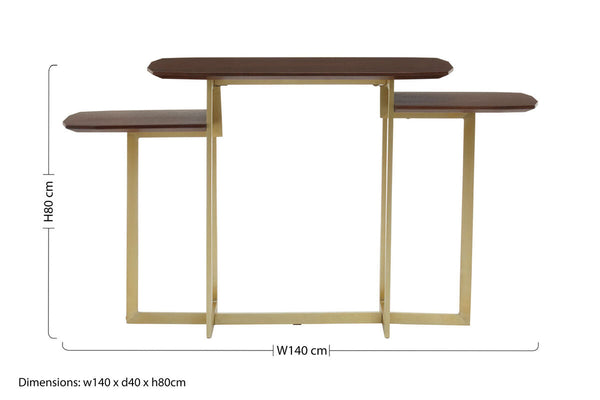 Brown Wood Multi Level 3 Tier Console Table with Gold Finish Metal Frame | Villi