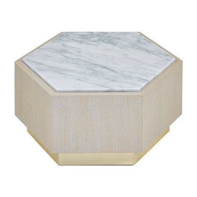 White Marble Top Hexagonal Small Side Table with Whitewash Oak Body and Gold Finish Base | Villi