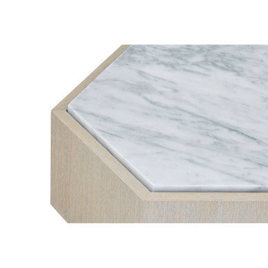 White Marble Top Hexagonal Small Side Table with Whitewash Oak Body and Gold Finish Base | Villi