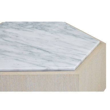 White Marble Top Hexagonal Small Side Table with Whitewash Oak Body and Gold Finish Base | Villi
