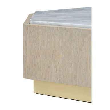 White Marble Top Hexagonal Small Side Table with Whitewash Oak Body and Gold Finish Base | Villi