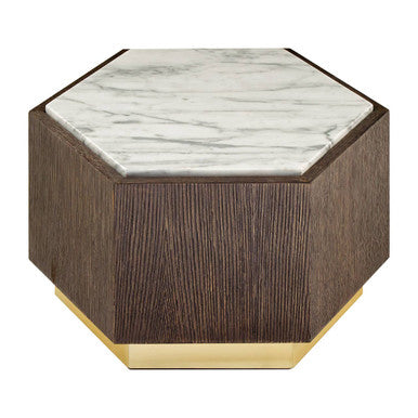 Villi White Marble and Dark Oak Veneer Hexagonal Side Table
