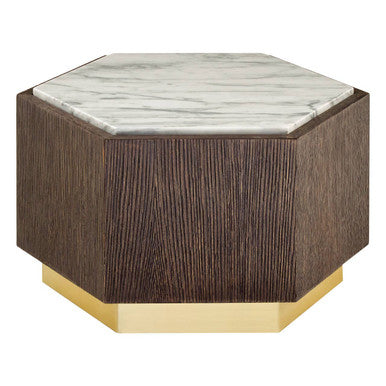 Villi White Marble and Dark Oak Veneer Hexagonal Side Table