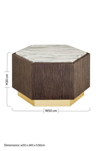 Villi White Marble and Dark Oak Veneer Hexagonal Side Table