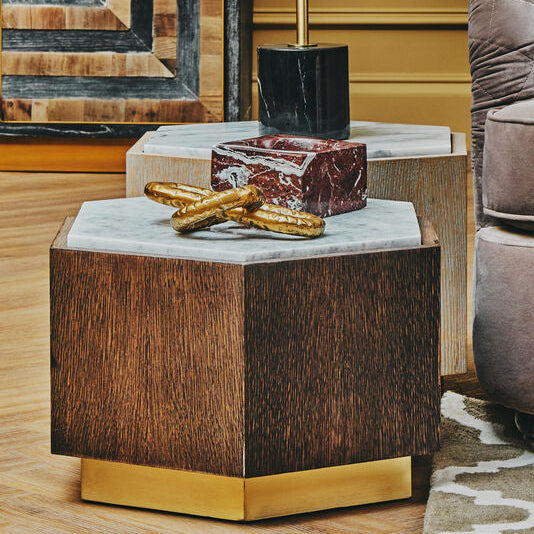 Villi White Marble and Dark Oak Veneer Hexagonal Side Table