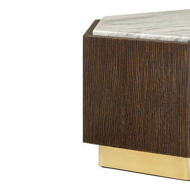 Villi White Marble and Dark Oak Veneer Hexagonal Side Table