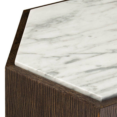Villi White Marble and Dark Oak Veneer Hexagonal Side Table