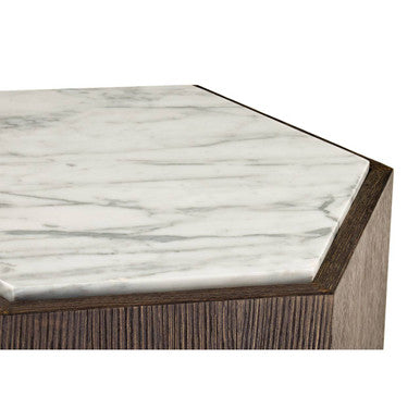 Villi White Marble and Dark Oak Veneer Hexagonal Side Table
