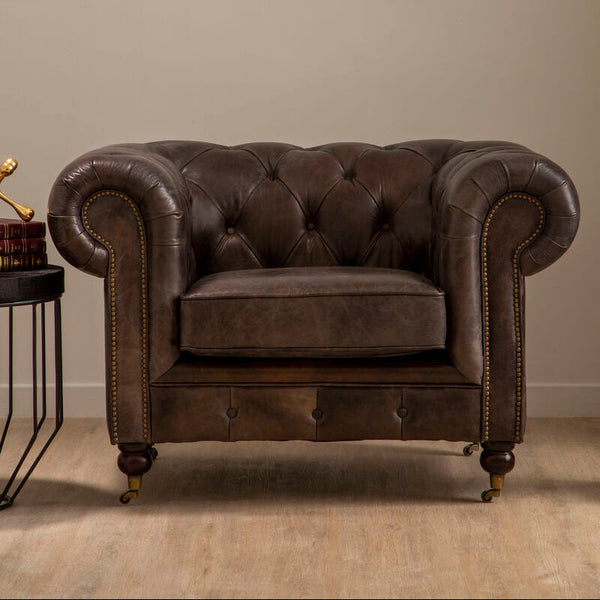 Victor Dark Grey Brown Leather Chesterfield Chair