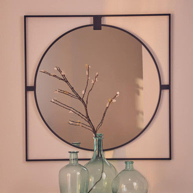 Large Square Black Metal Frame Round Insert Wall Mirror | Trento